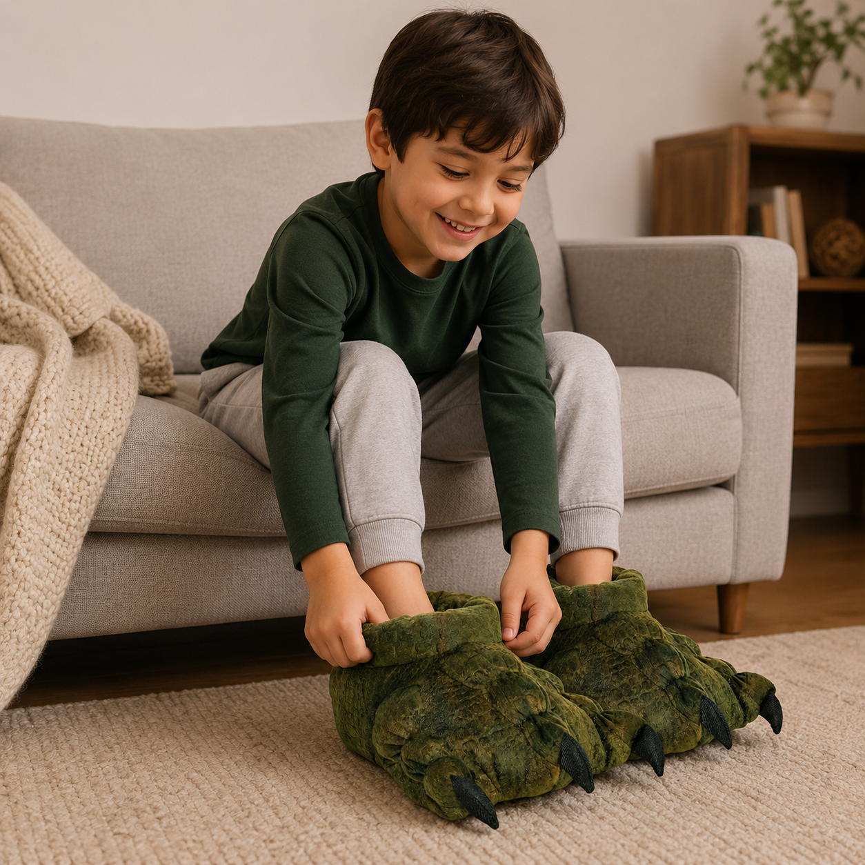 Pantufa Garra Dinossauro Pelúcia Solado Tecido 🦕
