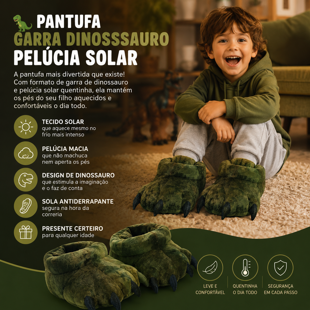 Pantufa Garra Dinossauro Pelúcia Solado Tecido 🦕